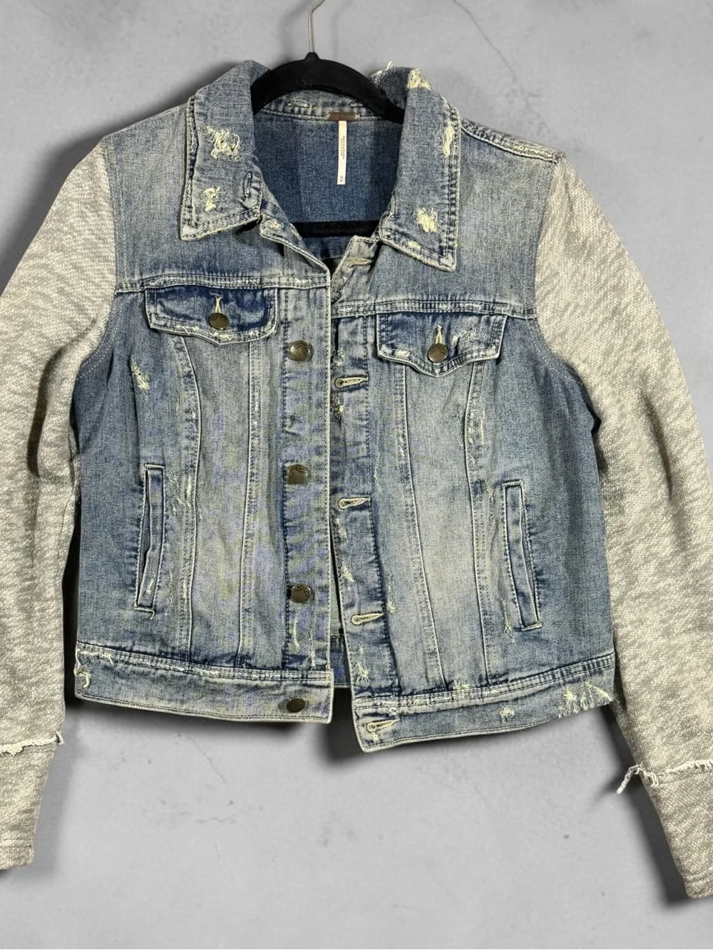 Free People Light Blue Denim Jacket with Gray Knit Sleeves - Picture 3 of 8